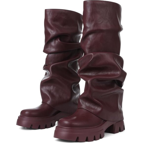 Women's Burgundy Fold Over Boots Slouchy Boots Wide Calf Pleated Platform Boots - Picture 4 of 7